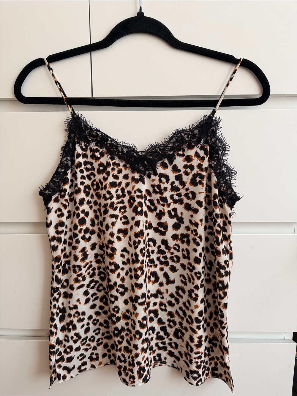 Bar III Leopard Print Lace Trim Cami - Black/Tan